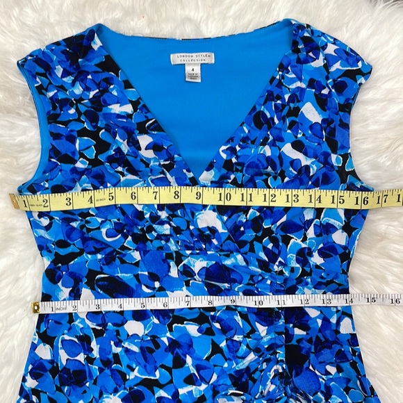 London Style Collection Blue Print Stretchy Faux Wrap Dress, Size 4 - Picture 12 of 13
